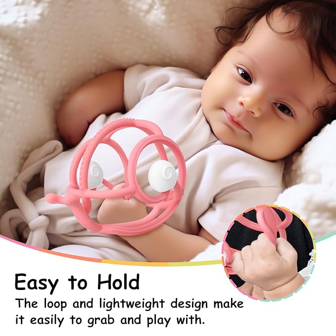 Mombella Snail Teething Rattle Toys for Babies 0-6 Months, Baby Teethers & Rattles Toys 6-12 Months, Silicone Infant Teething Toys for 3-9 Months Old, Great Newborn Gifts for Boys Girls, Pink