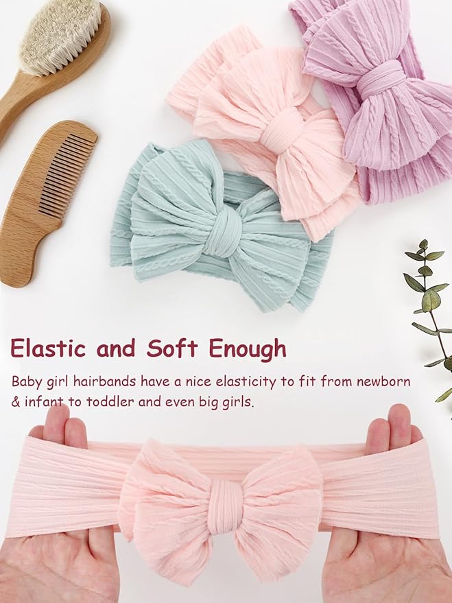 DRESHOW BQUBO Handmade Baby Headbands Soft & Stretchy Hair Bands with Bows Nylon Bows Hairbands for Girls Newborn Infant Toddlers Hair Accessories 3 pack