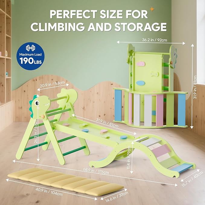 Pikler Triangle Set with Cushion, 9-in-1 Climbing Toys for Toddlers Inside, Foldable Wooden Climbing Toys Indoor Montessori Climbing Set for Toddler 1-3