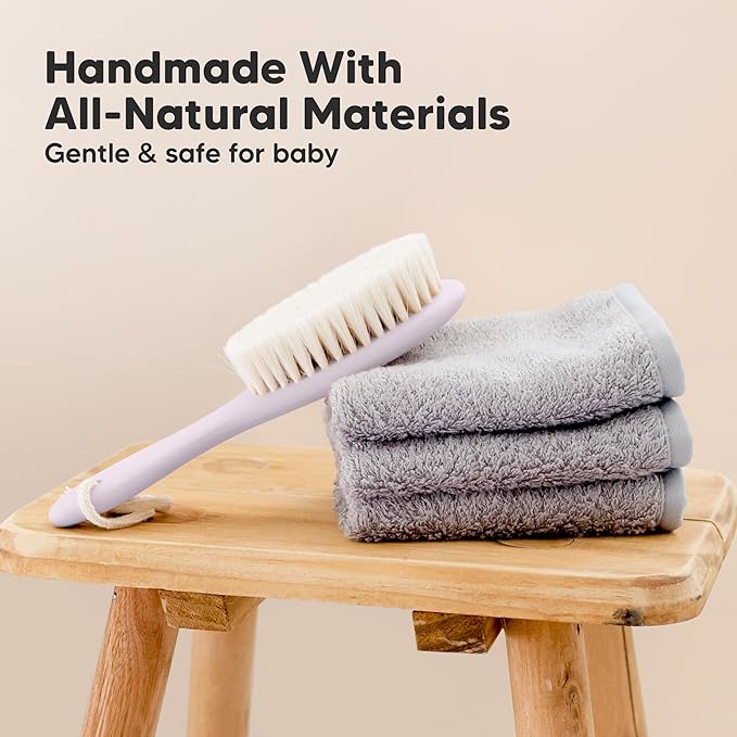 Wooden Baby Hair Brush for Toddler Girls, Boys - Cradle Cap Brush for Babies, Soft Goat Bristles, Perfect Gentle Scalp Newborn Comb for Infant, Girls, Boys, Bath Essentials (Thistle, Regular)