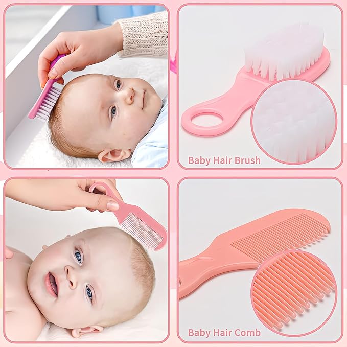 Qunlions life Baby Grooming Kit, Infant Safety Care Set with Hair Brush Comb Nail Clipper Nasal Aspirator,Baby Essentials Kit for Newborn Girls Boys, Pink-24- in-1