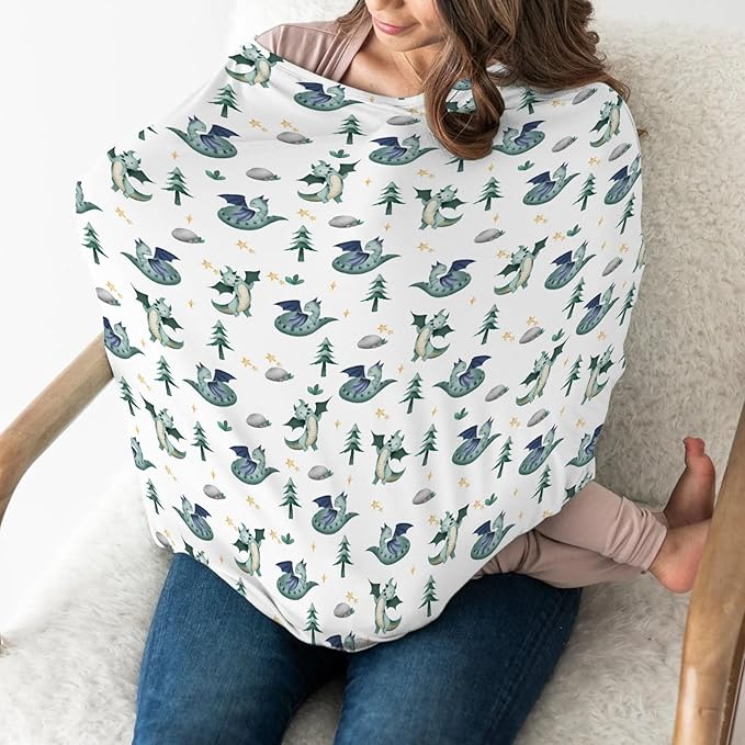 Fairytale Dragon Trees Stars Baby Car Seat Covers Cute Dragons Green Stretchy 5-in-1 Cover Adjustable Infant Carseat Canopy Cover Fantasy Animal Breathable Nursing Cover-Up