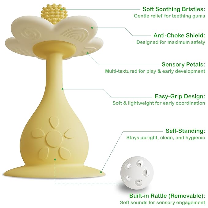 Baby Flower Teether Rattle Toy, Sensory Toy for Baby 0-24 Months, Teething Relief Chewing Toy for Infant, BPA Free Food Grade Silicone Teether (Yellow)