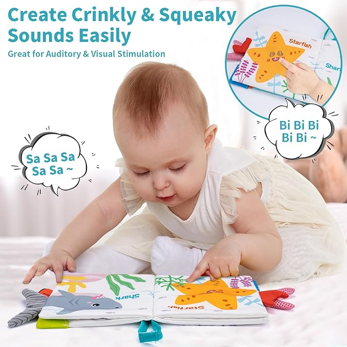 Love&Mini Baby Cloth Book Toys - Ocean Shark Crinkle Book with Teether, Touch & Feel Soft Books for Babies 6+ Months, Sensory Early Learning Toys, Baby Shower Gifts for Boys & Girls