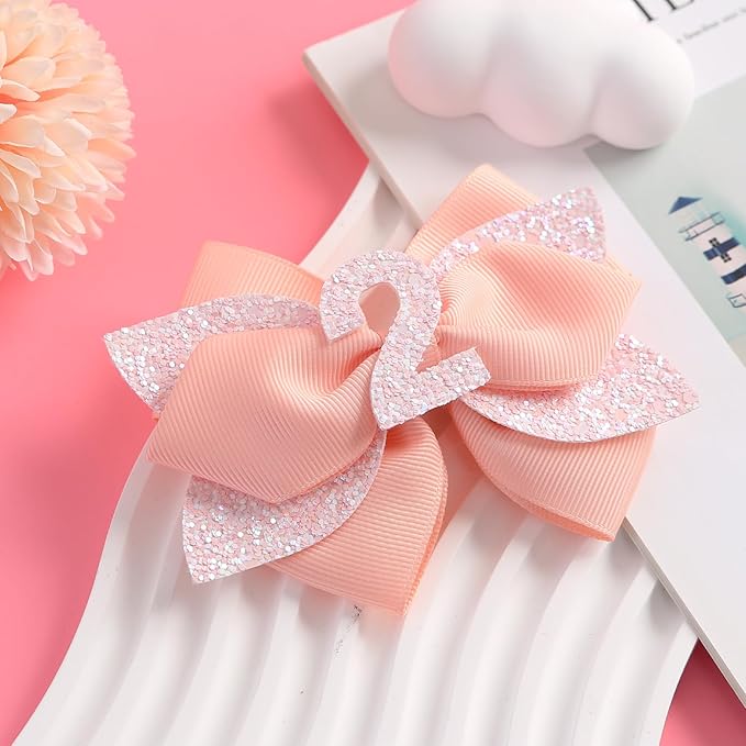 Glitter Birthday Hair Bow for Baby Girls 1 2 3 4 5 6 Years Peach Party Decoration Hair Accessories for Two 2nd Second Birthday