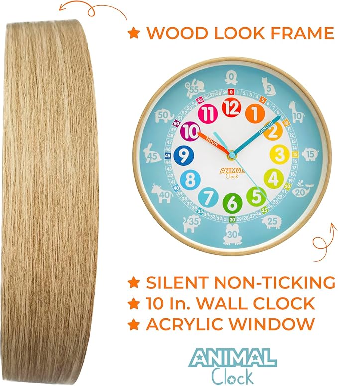 Animal Preschool Clock - Time Teacher 10 Inch Educational Silent Wall Clock with Wood Look Frame - Easy to Read Dial for Teacher's Classrooms, Preschooler's Bedroom & Children Playroom