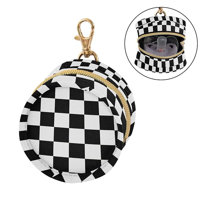 Black Checkerboard Print Pacifier Holder Case for Diaper Bag Portable Travel Pacifier Storage Case with Clip Newborn Baby Pouch for Baby Boys Girls Purse Outdoor