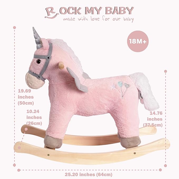 Rock My Baby Rocking Horse, Pink Unicorn/Pony Animal Rocker with Realistic Sound Plush Stuffed Rocking Horses for Toddlers 18M+, CPC Certified