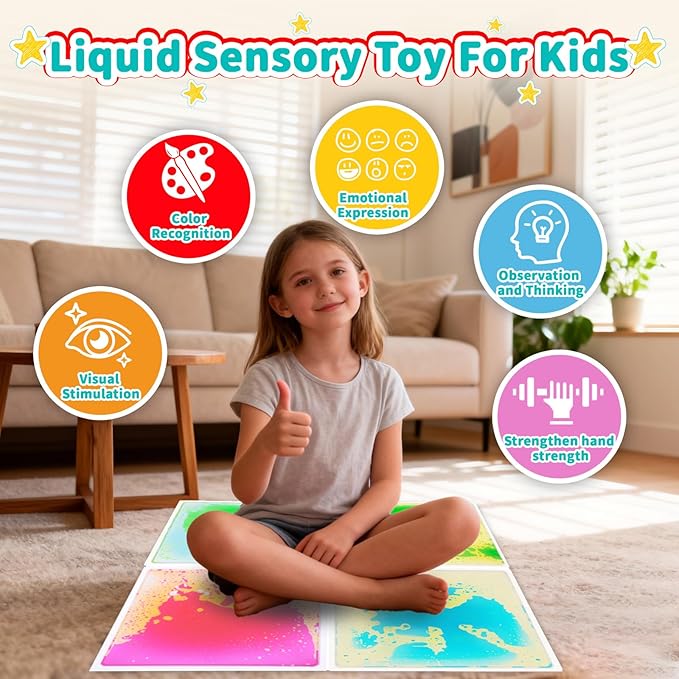 Sensory Floor Tiles Liquid for Kids: Motion Activity Play Mat 12x12 Inch Non-Toxic Anti-Slip Leakproof - 4 Colorful Pads Tactile Exploration & Visual Tracking Toys for Classroom/Autism Room