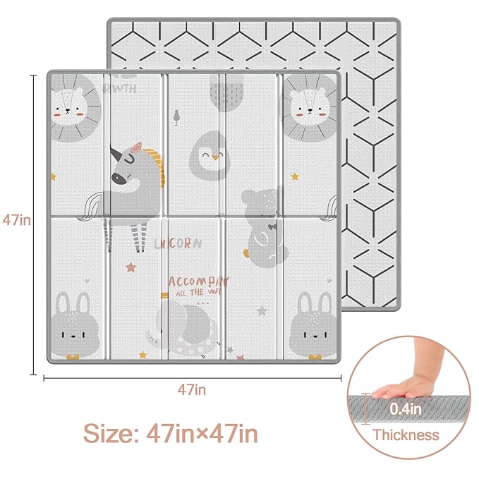 ZEEBABA Baby Play Mat, 47"x47" Foldable & Reversable Play Mat, 0.4" Thick Waterproof Foam Play Mat, Unicorn Baby Mat, Foam Play Mat for Babies and Toddlers for 47 inch Playpen