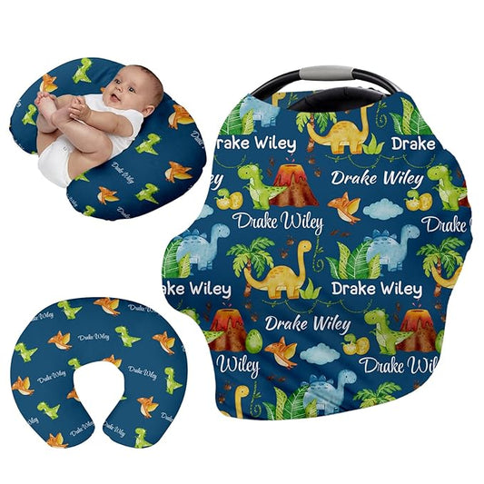 Personalised Car Seat Cover for Babies - Dark Green Horse Print Multi-use Carseat Canopy Cover with Name, Car Seat Covers, Birthday Gifts for Infant Boys and Girls (27"x29")