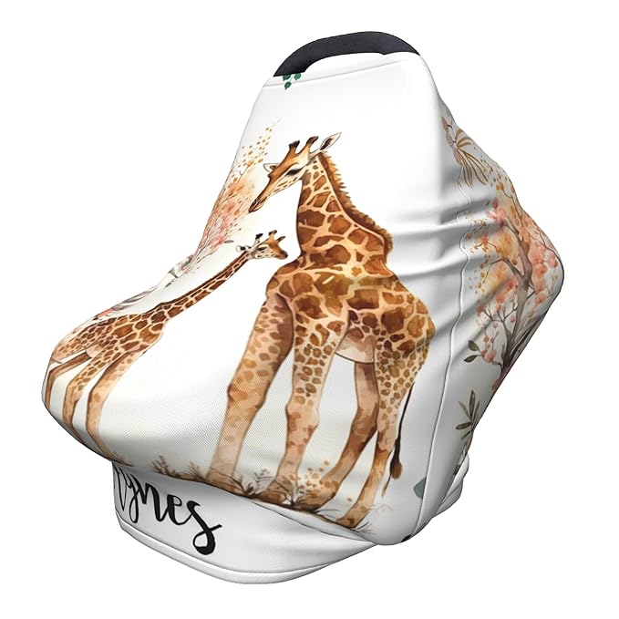 Personalized Giraffe Baby Car Seat Cover with Name,Multi-Use Canopy for Nursing, Strollers,Shopping Carts,Customized Breastfeeding Cover, Full Privacy,Infant Stroller Cover
