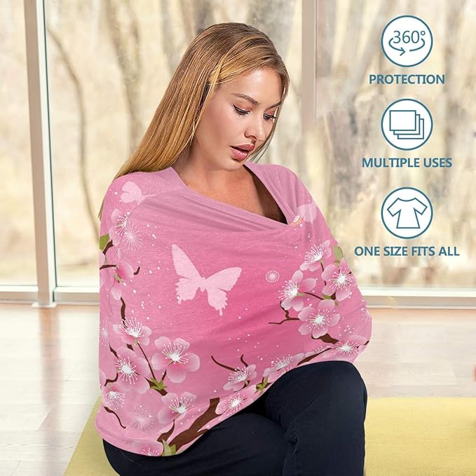 Stylized Cherry Blossom Flowers Baby Car Seat Covers, Nursing Cover Breastfeeding Scarf Soft Breathable Stretchy Coverage, Infant Stroller Cover for Boys Girls