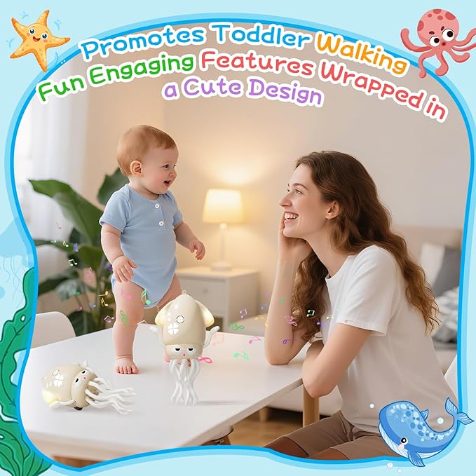 Crawling Dancing Octopus Toy for Kids – Rechargeable Interactive Sensory Toy with LED Lights & Music, Fun Tummy Time Gift for Birthdays & Holidays (Off-White)