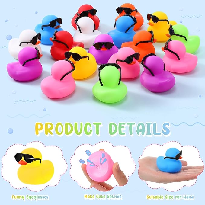 Sosation 36 Packs Mini Rubber Ducks with Sunglasses Sets 2.2 Inch Bath Squeaky Rubber Duckies Cute Float Bathtub Toys for Birthday Party Favors Class Carnival Prizes Car Decor(Multicolored)