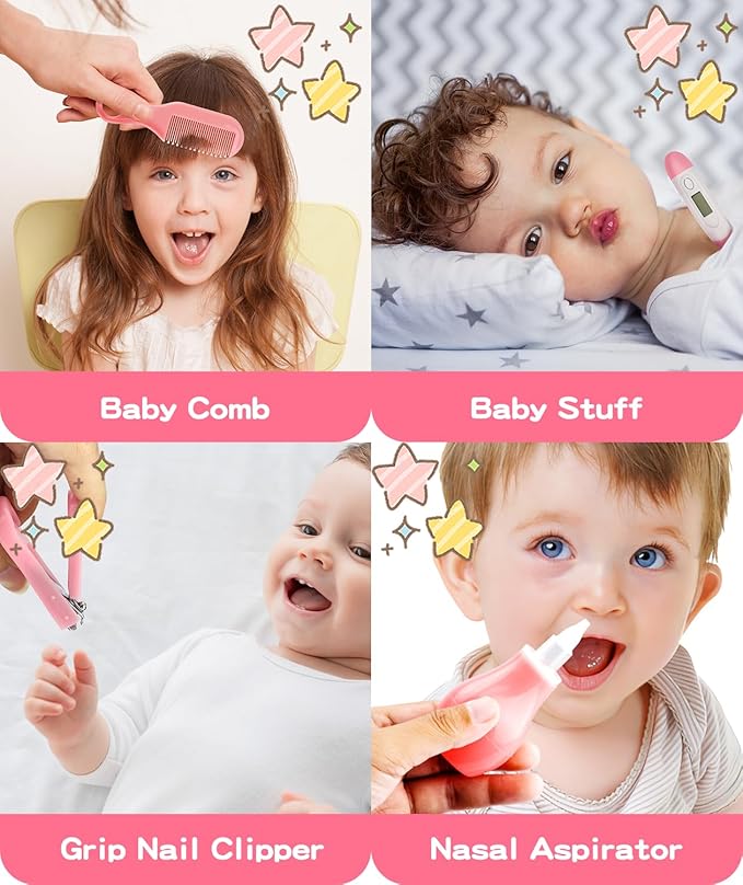 Baby Grooming and Healthcare Kit, Portable Baby Safety Care Set with Hair Brush Comb Nail Clipper Nasal Aspirator for Nursery Newborn Infant Girl Boy (31 in 1, Pink)