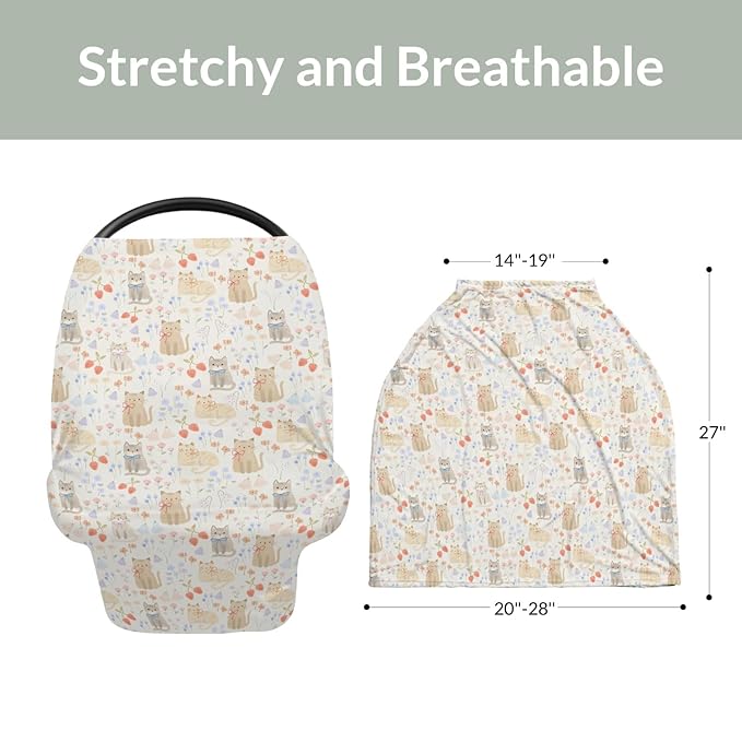 Boho Cats Bows Strawberries Flowers Car Seat Cover for Babies Cute Kittens Meadow Floral Stretchy 5-in-1 Cover Adjustable Car Canopy Cover Cat Lovers Gift Breathable Nursing Cover-Up