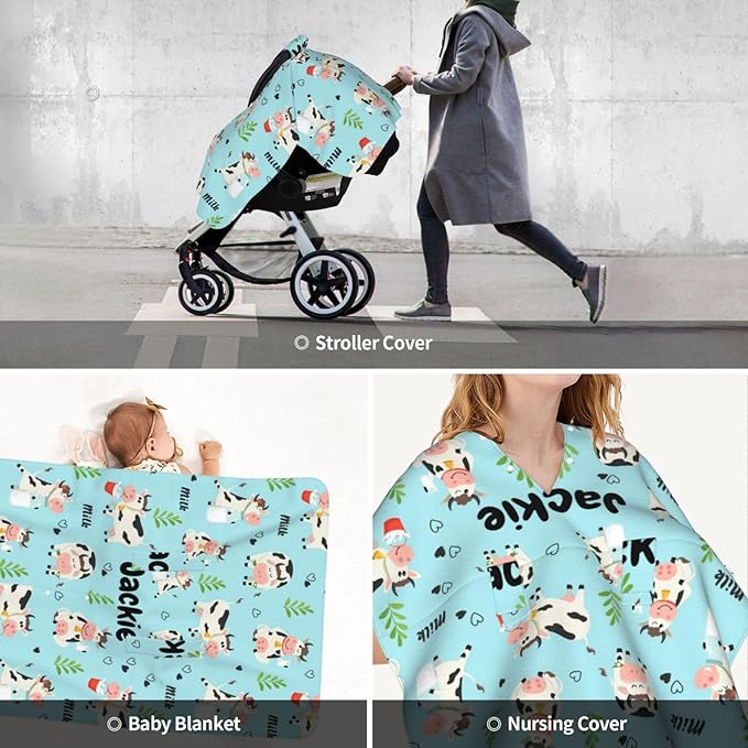 Custom Baby Car Seat Canopy for Babies with Name, Personalized Cute Cow Baby Car Seats Covers for Boys, Opening Minky Nursing Breastfeeding Stroller Cover Infant Carseat Canopies for Newborn