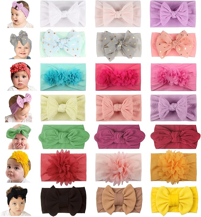 WZT 21PCS Baby Nylon Headbands 7 styles Hairbands Hair Bow Elastics for Girl headbands with bows Newborns Infant Toddlers