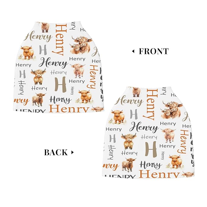 Personalized Car Seat Covers with Name, Highland Cow Baby Canopy Carrier Cover, Breathable Breastfeeding Nursing Cover, Stretchy Multi-Use Infant Carseat Stroller Cover