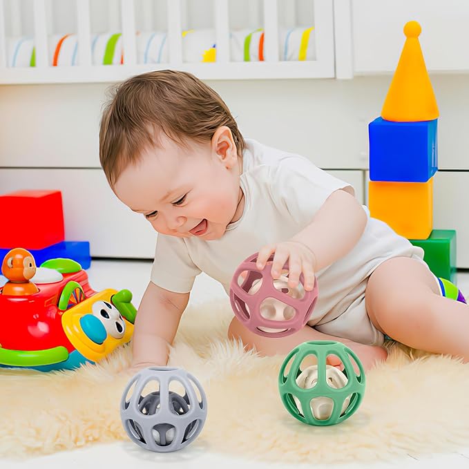 MCGMITT Baby Montessori Sensory Toys for 0-6 6-12 Months, Easy Grasp Silicone Baby Teether Teething Rattle Toy, BPA-Free Infant Teether Ball Chew Rattle Toys, Removable Inner Ball, Soft Hollow Design