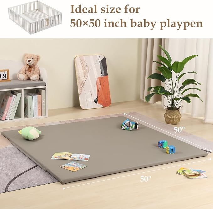 MOMCAYWEX 50"x50" Premium Baby Play Mat, Memory Foam with Wipe-Clean Leather Cover, Non-Slip & Machine Washable Floor Mat for Tummy Time, Crawling and Family Bonding Time, Grey
