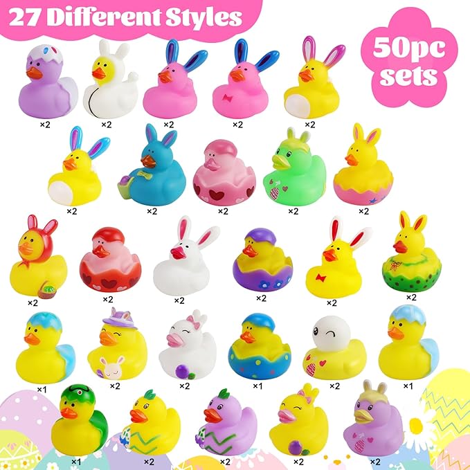 50PCS Easter Rubber Ducks Assorted Gifts Party Favors ,Resurrection Bunny Rubber Duck Pack , Funny Bath Tub Toys for Kids, Baby Showers Accessories