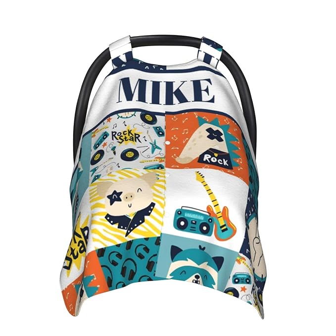 Personalized Baby Car Seat Canopy for Boys and Girls, Custom Name Baby Car Seats Covers for Babies, Opening Minky Nursing Breastfeeding Stroller Cover Infant Carseat Canopies for Newborn (Rock Theme)