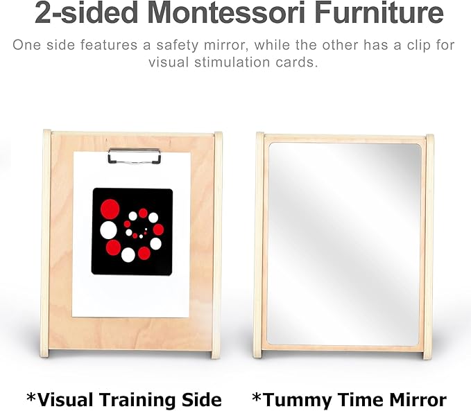 Baby Double-Sided Tummy Time Mirror w/ 2 Package High Contrast Visual Stimulation Cards, Sensory Activity Montessori Toys for 6 Months+ Boys Girls