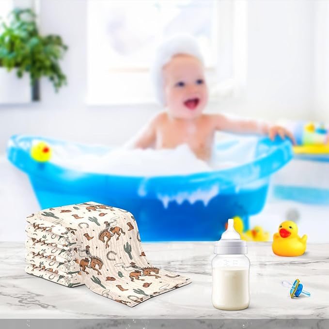 Western Cowboy Cactus Baby Washcloths Newborn Muslin Burp Cloths 3 Pack Soft Cotton Baby Face Bath Towel Drool Bibs for Infants, Girls and Boys 11.8 x 11.8 Inch