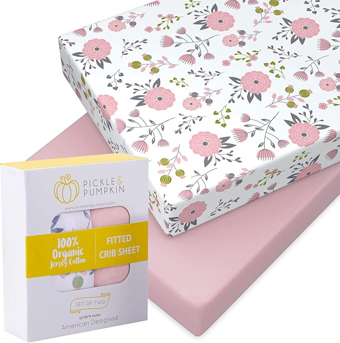Pickle & Pumpkin Premium Organic Crib Sheet | 2 Pack 100% Organic Jersey Cotton Fitted Crib Sheets Set | Crib Bedding for Baby Girl | Toddler or Standard Crib Mattress Sheets | Pink & Floral