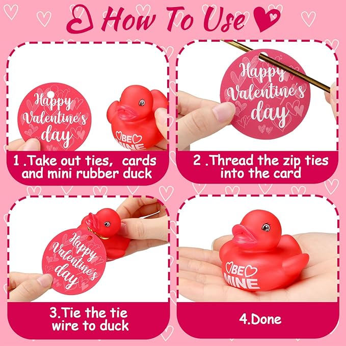 MiniInflat 48 Set Valentine's Day Rubber Duckies with Gift Cards Valentines Mini Rubber Duck Bath Gift for Girl Boy Heart Duck Bathtub Pool Gift Classroom Exchange Prize Gift Valentines Party Favor