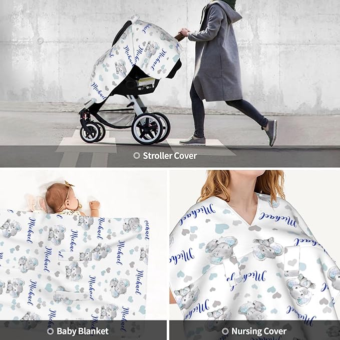Personalized Baby Car Seat Canopy, Custom Name Elephant Infant Car Seat Cover, Nursing Breastfeeding Stroller Cover, Newborn Gift for Boys
