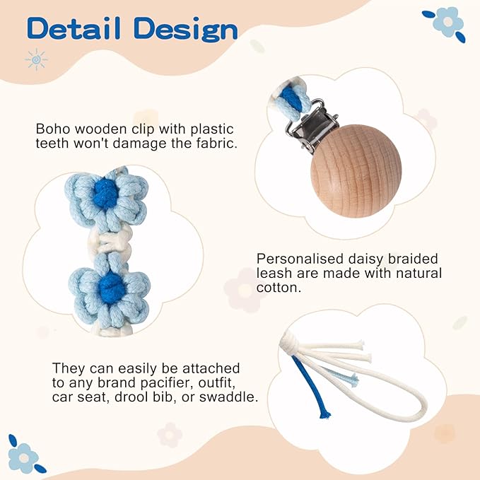 Pacifier Clip for Boys Girls Floral Daisy Macrame Baby Paci Clip Pacifier Holder Leash Boho Wooden Clips Handmade Braided Cotton Binky Clips (Baby Blue & Frost Blue)