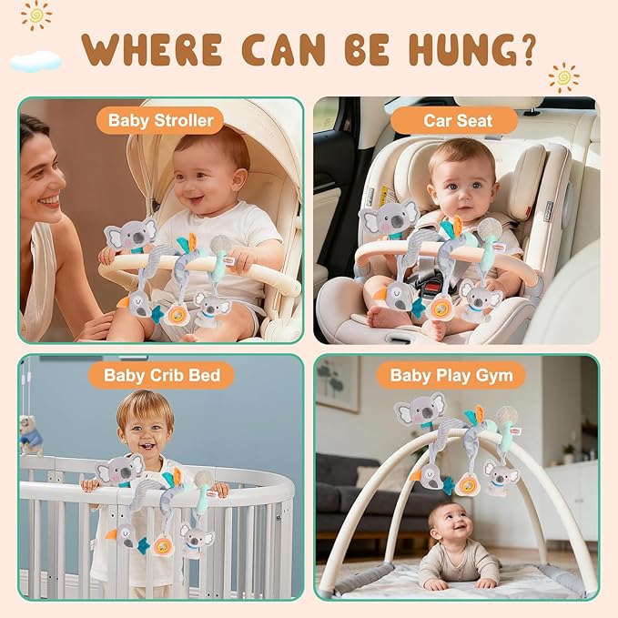 Baby Spiral Car Seat Toy, Stroller Hanging Sensory Toy for Newborn 0-12 Months, Soft Plush with Rattle Crinkle Teether, Koala Bird Activity Toy for Infant Boys Girls