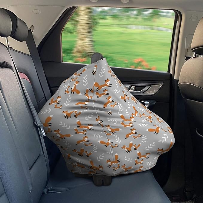 Cute Foxes Leaves Gray Baby Car Seat Covers Carseat Canopy Soft Infant Stroller Cover Nursing Breastfeeding Covers for Girls Boys Newborn