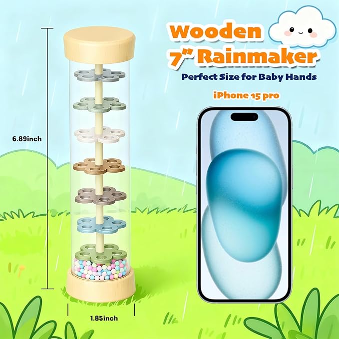 Rain Stick Baby Toy, Montessori Baby Toys for 6–12 Months & 1 Year Old, Wooden Sensory Baby Rattle with Rainmaker Sound, Gentle Shake Volume Control & Extended Play Time – Infant Musical Toy