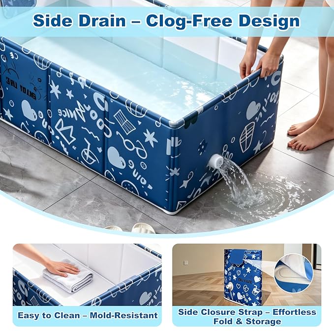 Baby Bathtub, 5-Layer Anti-Tear Foldable Toddler Bath Tub with Padded Bottom Drain Plug, Portable Collapsible Baby Bath for Travel, Shower, Sink, Indoor & Outdoor, 6 Months to 5 Years