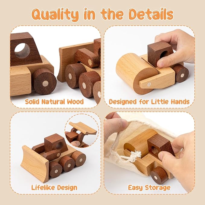 Wooden Toy Cars for 3 Year Old Boys & Girls - Construction Vehicles Set Push Toys for Toddlers, Wood Montessori Car with Rolling Wheels, Natural Wood Toys (Bulldozer & Road Roller)