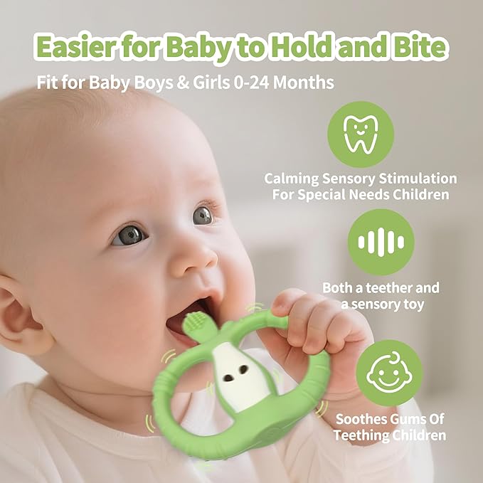 Vibrating Teether for Baby with Remote Control - Chewy Sensory Toy for Teething & Autism, 10-Speed Vibration Modes, USB Rechargeable, Food Grade Silicone Teether for Sensory Seekers (Green)