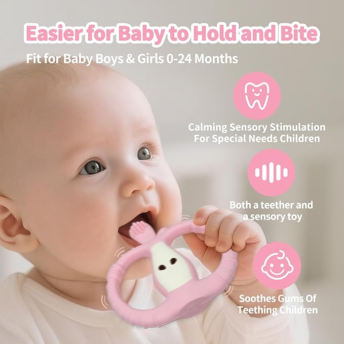 Vibrating Teether for Baby with Remote Control - Chewy Sensory Toy for Teething & Autism, 10-Speed Vibration Modes, USB Rechargeable, Food Grade Silicone Teether for Sensory Seekers (Pink)