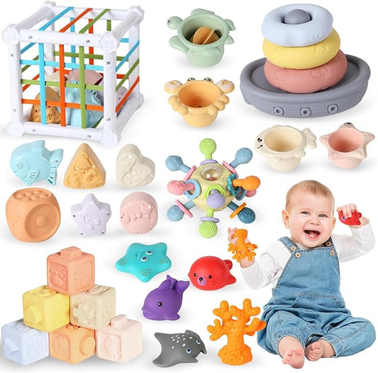 7-in-1 Montessori Baby Toys with Shape Sorter Sensory Bin, Stacking Cups, Soft Sea Animal Toys for 6-12-18 Months, Fun Bath Time Learning Developmental Toys Gifts for 1 2 3 Year Old Girls Boys