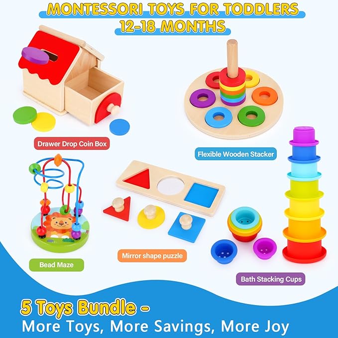 KMTJT Montessori Educational Toys for 1+ Year Old Toddler, 1st First Birthday Gifts for 1-2 Years, Includes Stacking Cups, 2 in 1 Object Permanence Box, Bead Maze, Mirror Puzzle and More