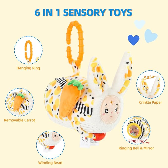 Hanging Bunny Baby Toy Cube for Car Seat, Infant Sensory Toys 0 6 12 Months for Plane Travel Game Activity with Rattle Crinkle Squeaky Textures, Montessori Plush Toys Newborn Baby Girl Boy Gifts