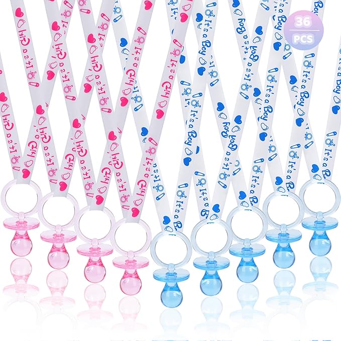36 Baby Shower Pacifiers Necklace, Acrylic Pacifier Necklace, Pacifier Necklace for Baby Shower Boys Girls Party Favors Charm/Gender Reveal Party Table Scatter/Baby Shower Necklace Game(Blue&Pink)…