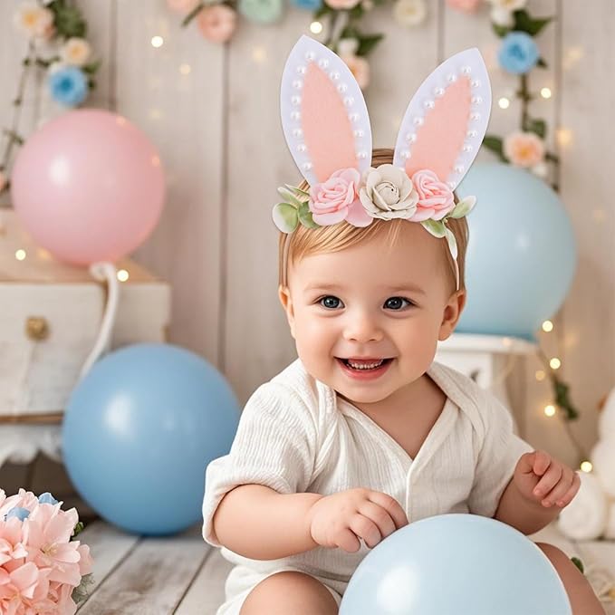 baotongle Pearl Bunny Headband Bunny Rose Ears Easter Headbands Baby Girls Flower Spring Newborn Toddler Infant Bunny Headbands