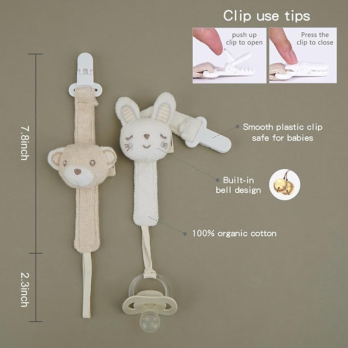 Pacifier Clip, 2 Pack Baby Pacifier Holder for Boys and Girls Fits Many Pacifiers & Baby Teething Toys, Ideal Baby Gift (Elephant & Bear)
