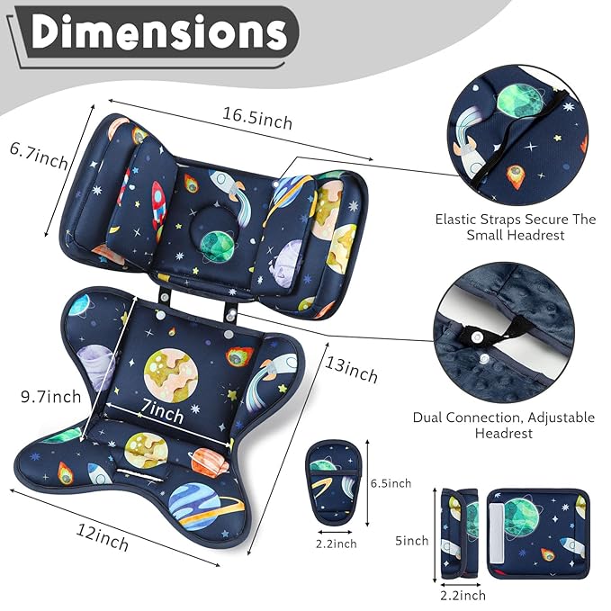Infant Car Seat Insert with 2 Headrests for Doona|Graco, Thickened Baby Car Seat Cushion for Newborn, Car Seat Head Support Shoulder Covers Set Fits for Stroller, Baby Swing, Bouncer (Blue, Space)