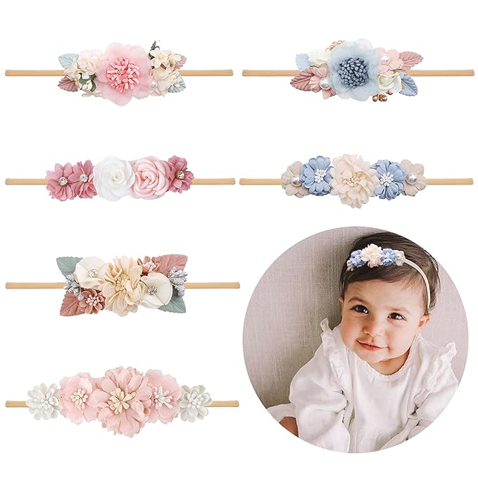 Baby Girl Flower Headband 6 PCS Elastic Hairbands Handmade Nylon Bows Headbands Chic Floral Hair Accessories Kids Gifts for Newborn Infant Toddlers