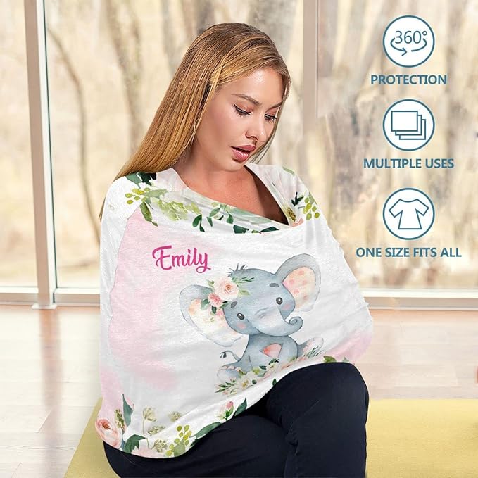 Personalized Baby Car Seat Covers with Name, Custom Nursing Cover Breastfeeding for Babies, Carseat Canopy for Girls, Infant Stroller Cover for Winter, Breathable Carseats Cover (Elephant Rose)